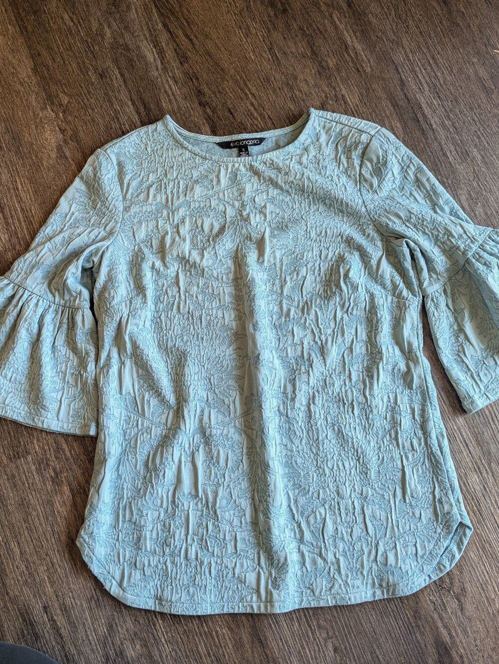 Eva Longoria Light Blue/Green Crinkle Bell Sleeve Blouse